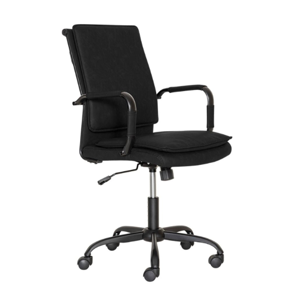 Silla secretarial Albar GA-005 con respaldo tapizado en vinil, brazos tubulares de acero y base de metal.
