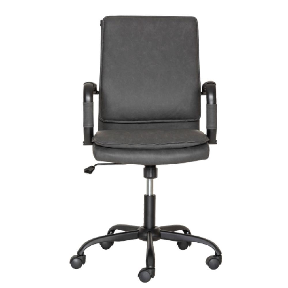 Silla secretarial Albar GA-005 con respaldo tapizado en vinil, brazos tubulares de acero y base de metal.