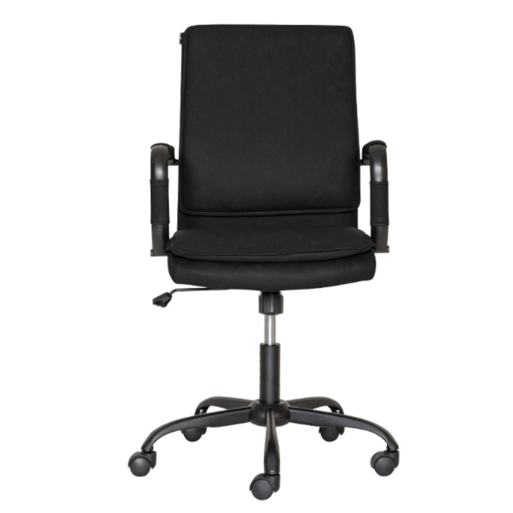 Silla secretarial Albar GA-005 con respaldo tapizado en vinil, brazos tubulares de acero y base de metal.