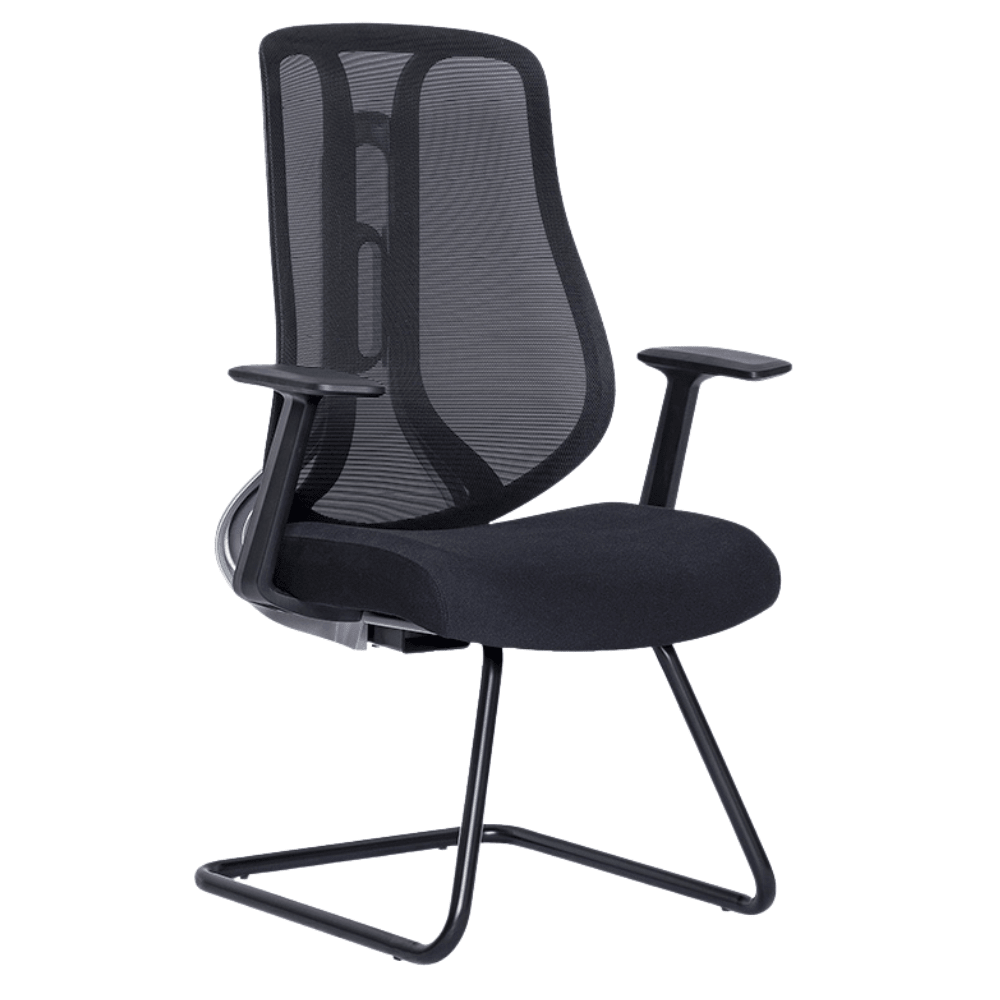 Silla de visita ALBAR AC-40V con respaldo en malla ajustable, asiento tapizado, brazos y base trineo.