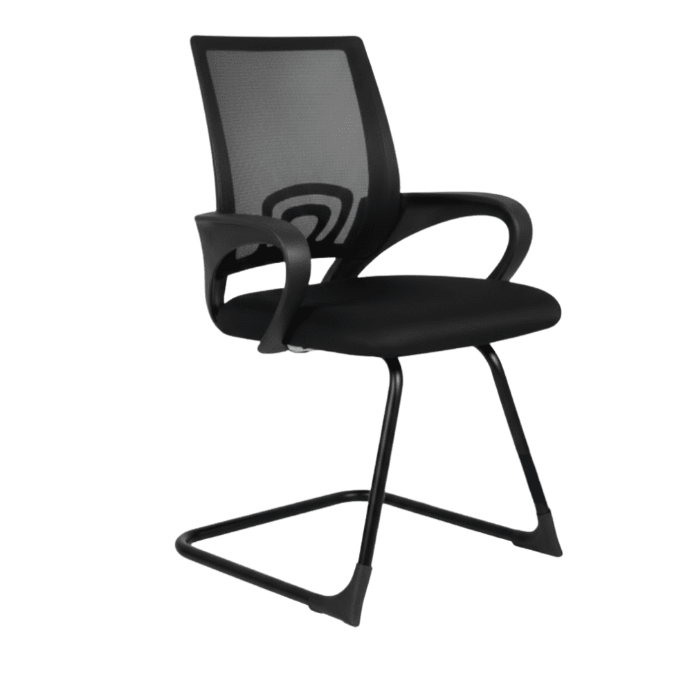 Silla de visita ALBAR LK-16 negra con base trineo cromada, respaldo en malla y brazos.