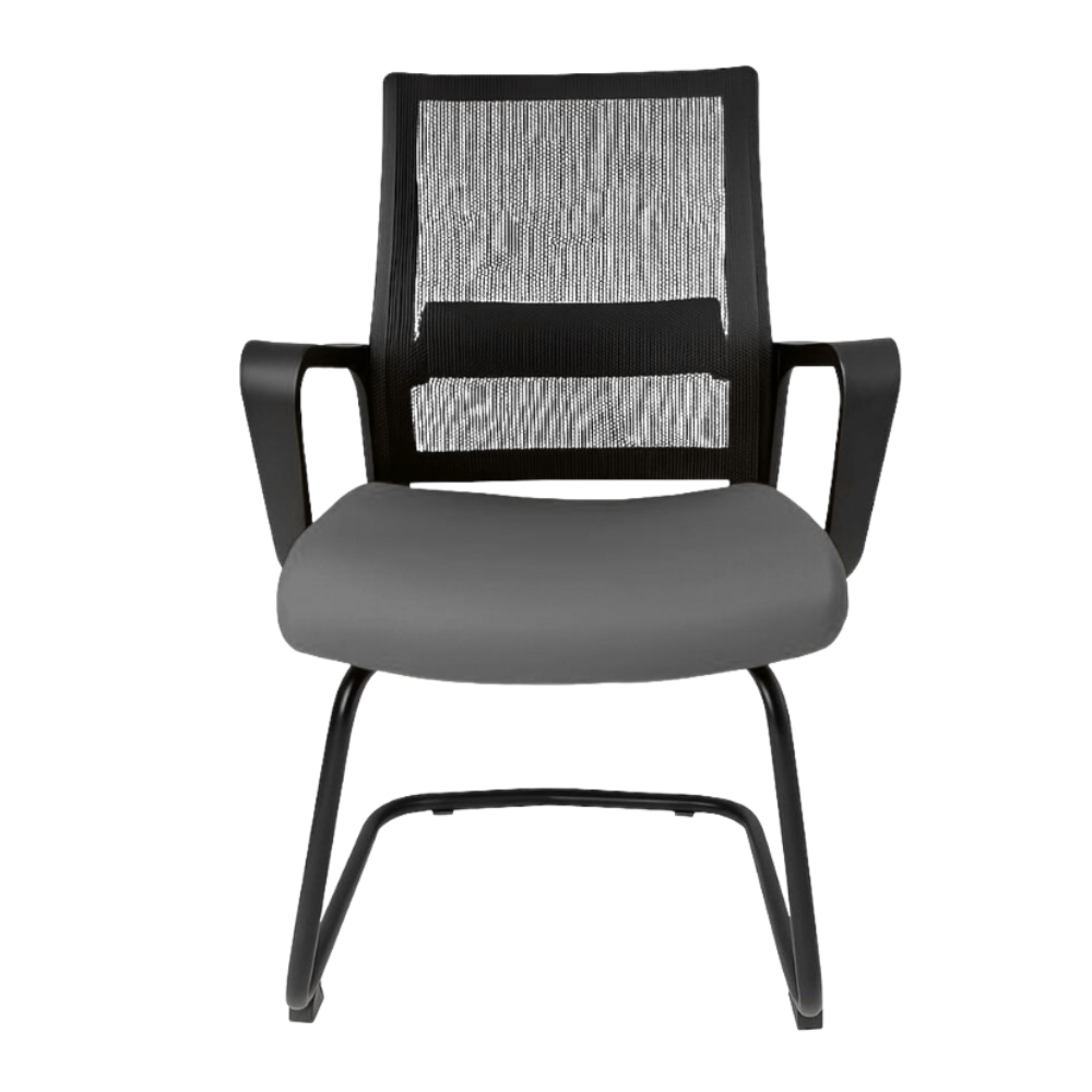Silla de visita Gersa E-17553 negra con respaldo en malla, asiento tapizado, brazos fijos y base trineo metálica