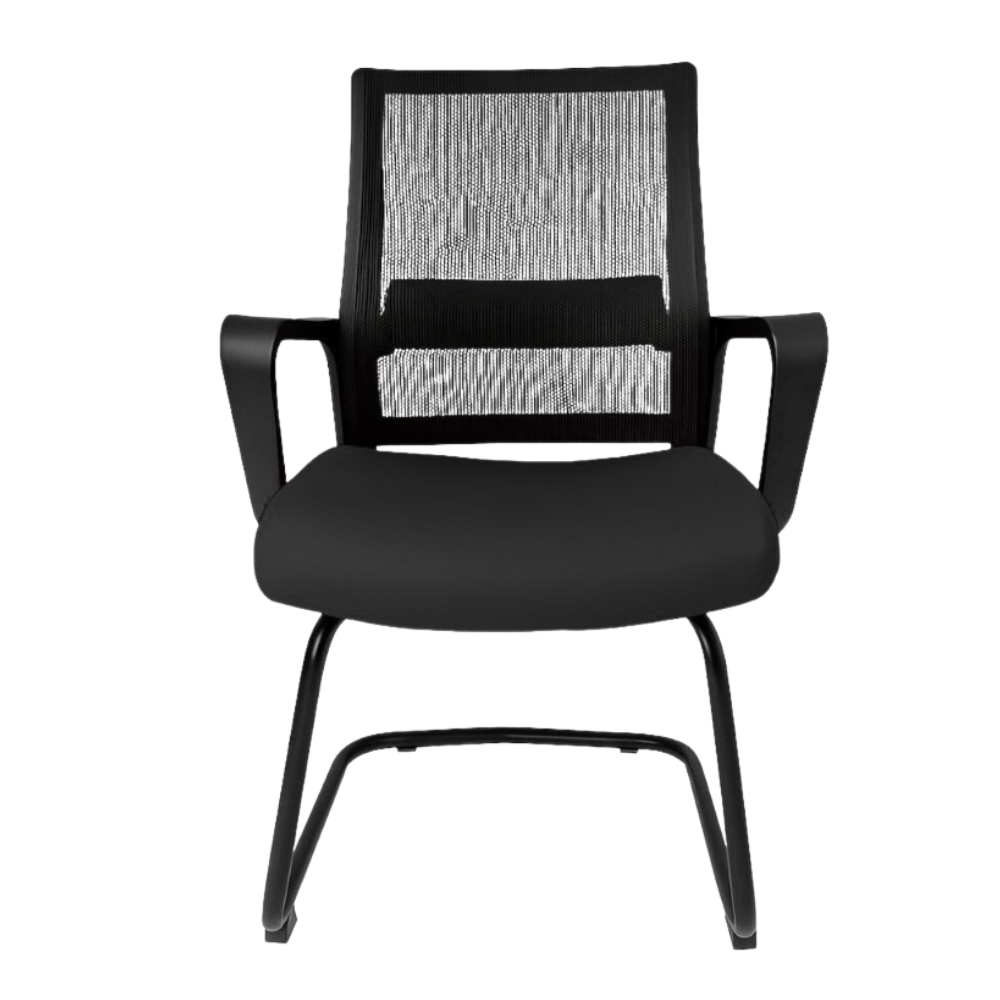 Silla de visita Gersa E-17553 negra con respaldo en malla, asiento tapizado, brazos fijos y base trineo metálica