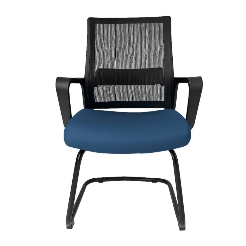 Silla de visita Gersa E-17553 negra con respaldo en malla, asiento tapizado, brazos fijos y base trineo metálica