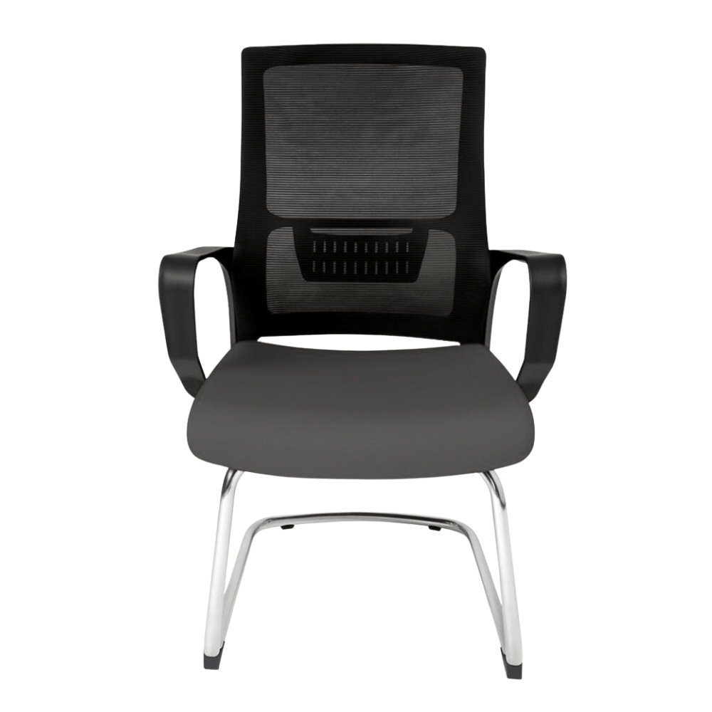 Silla de visita Gersa Zoom con respaldo en malla, asiento tapizado, brazos fijos y base trineo cromada