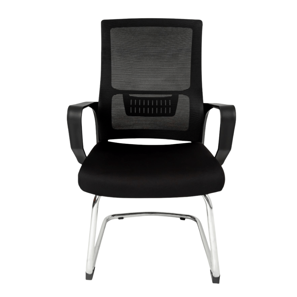 Silla de visita Gersa Zoom con respaldo en malla, asiento tapizado, brazos fijos y base trineo cromada