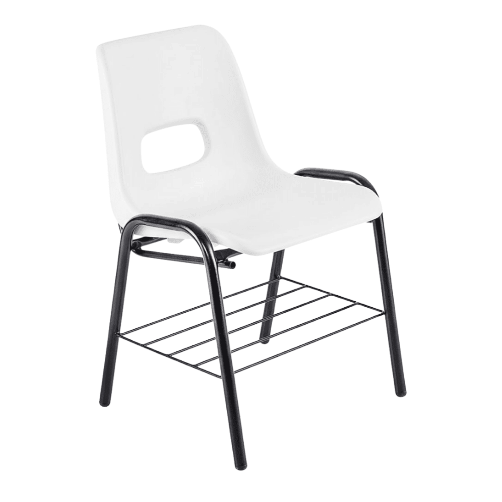 Silla escolar ALBAR PL-13 con asiento y respaldo de polipropileno, estructura tubular negra y canastilla bajo el asiento