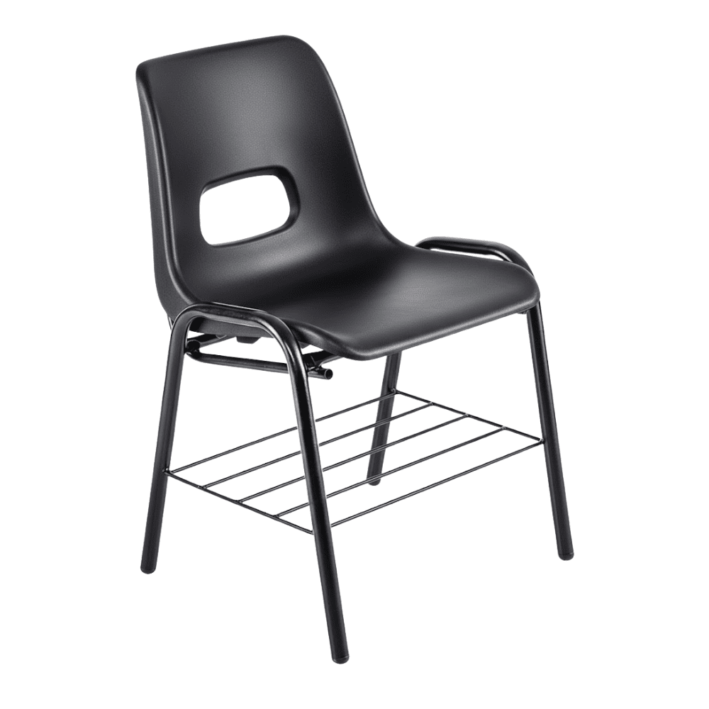 Silla escolar ALBAR PL-13 con asiento y respaldo de polipropileno, estructura tubular negra y canastilla bajo el asiento