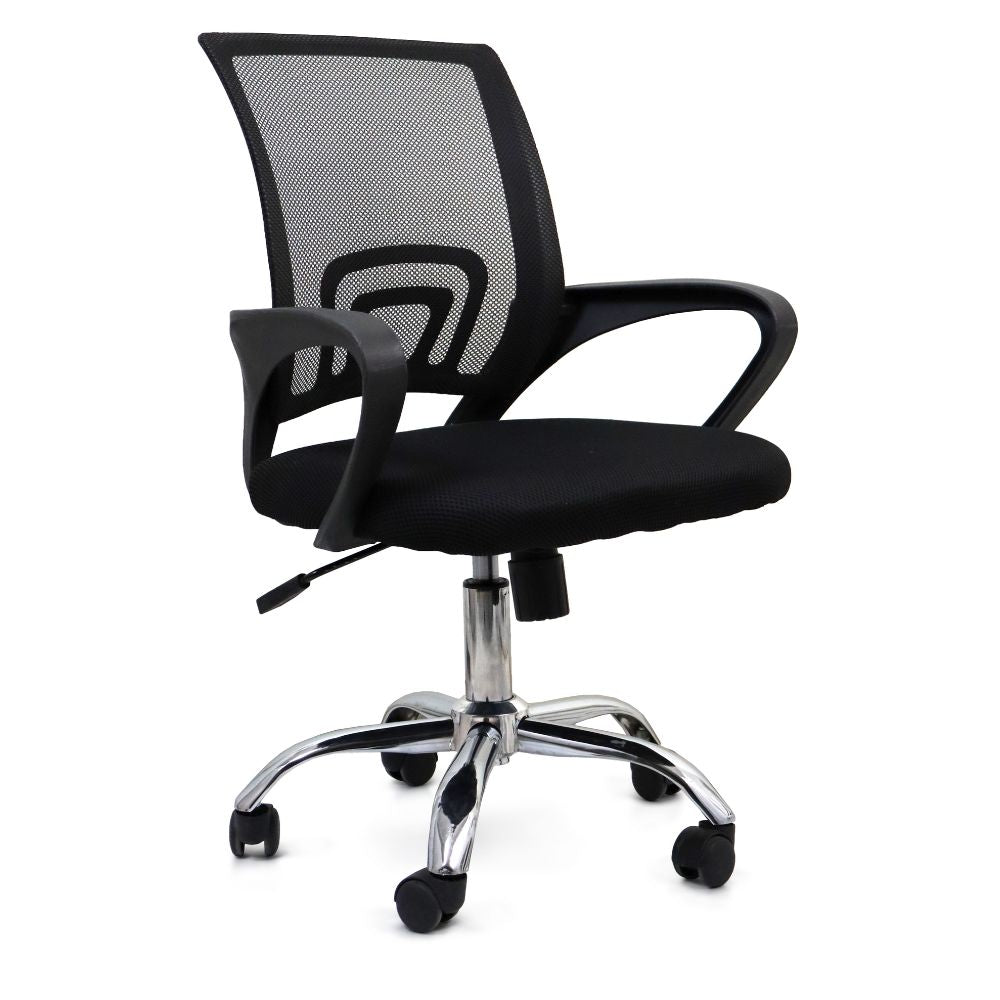 Silla operativa Nogal Beat Black Jack negra con respaldo en malla, asiento tapizado y base cromada