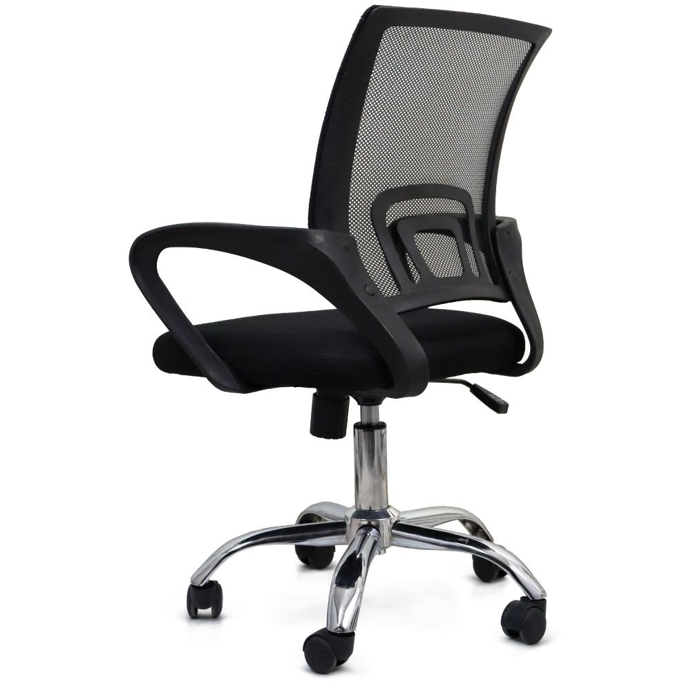 Silla operativa Nogal Beat Black Jack negra con respaldo en malla, asiento tapizado y base cromada