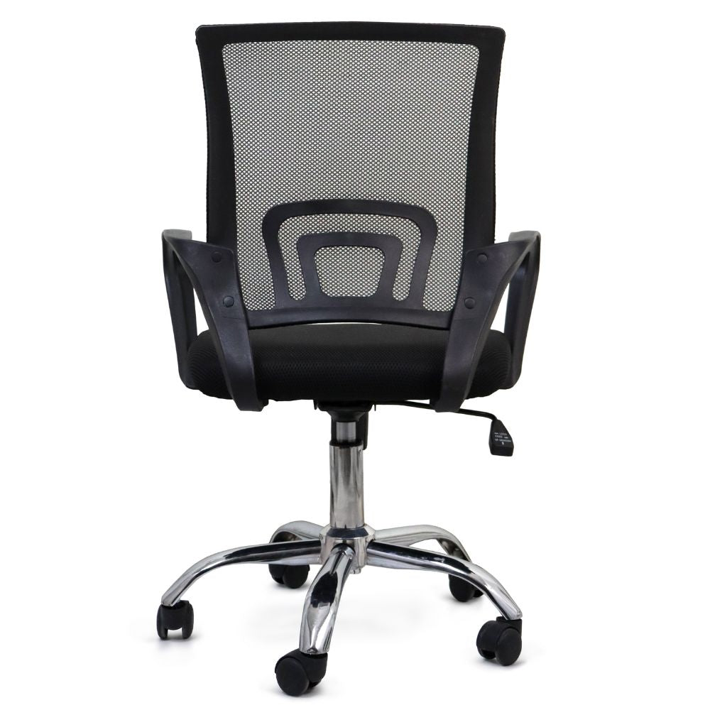 Silla operativa Nogal Beat Black Jack negra con respaldo en malla, asiento tapizado y base cromada