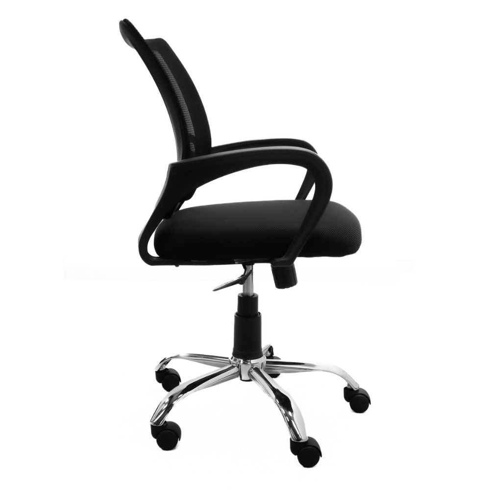 Silla operativa Nogal Beat Black Jack negra con respaldo en malla, asiento tapizado y base cromada
