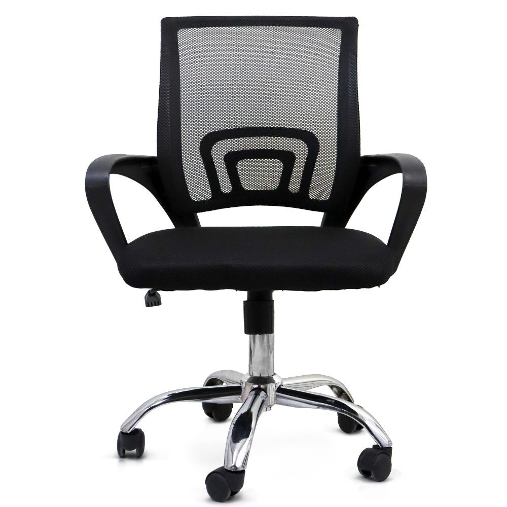 Silla operativa Nogal Beat Black Jack negra con respaldo en malla, asiento tapizado y base cromada