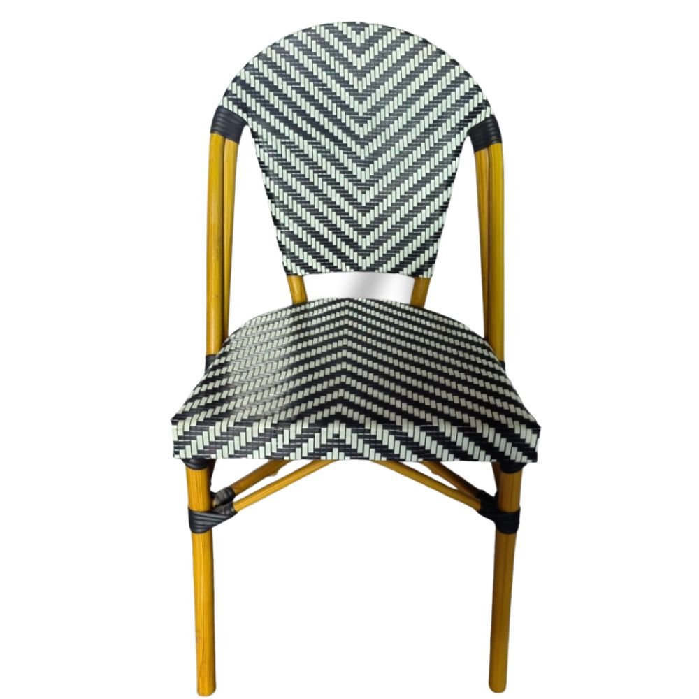 Silla comercial Nogal Beat Eiffel con estructura de aluminio acabado madera y malla tejida multicolor