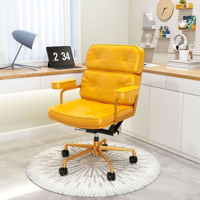 SILLA NOGAL BEAT SMITHS | Silla de Oficina Moderna | Base Estrella con Rodajas | Amarillo | Piel Sintética 100% Poliuretano | Interior - 109472 - Zuo - NOGAL BEAT -