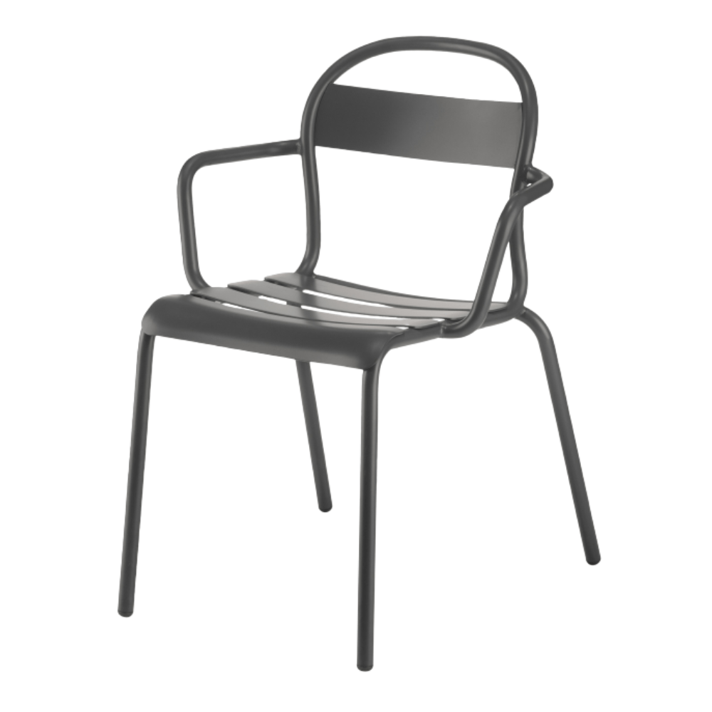 Silla de terraza Colos Stecca 2 con brazos, estructura de aluminio tubular y acabado epóxico, varios colores.