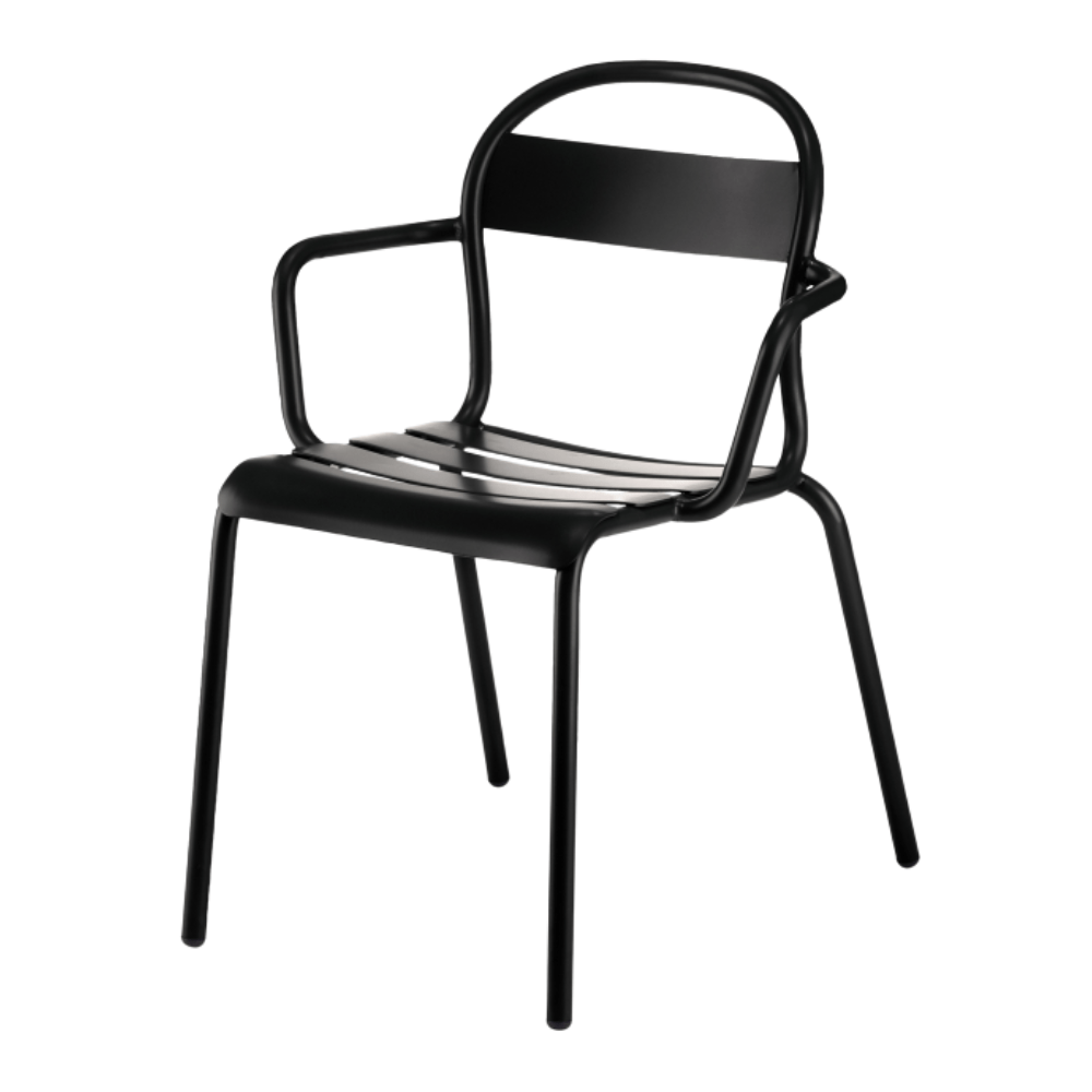 Silla de terraza Colos Stecca 2 con brazos, estructura de aluminio tubular y acabado epóxico, varios colores.