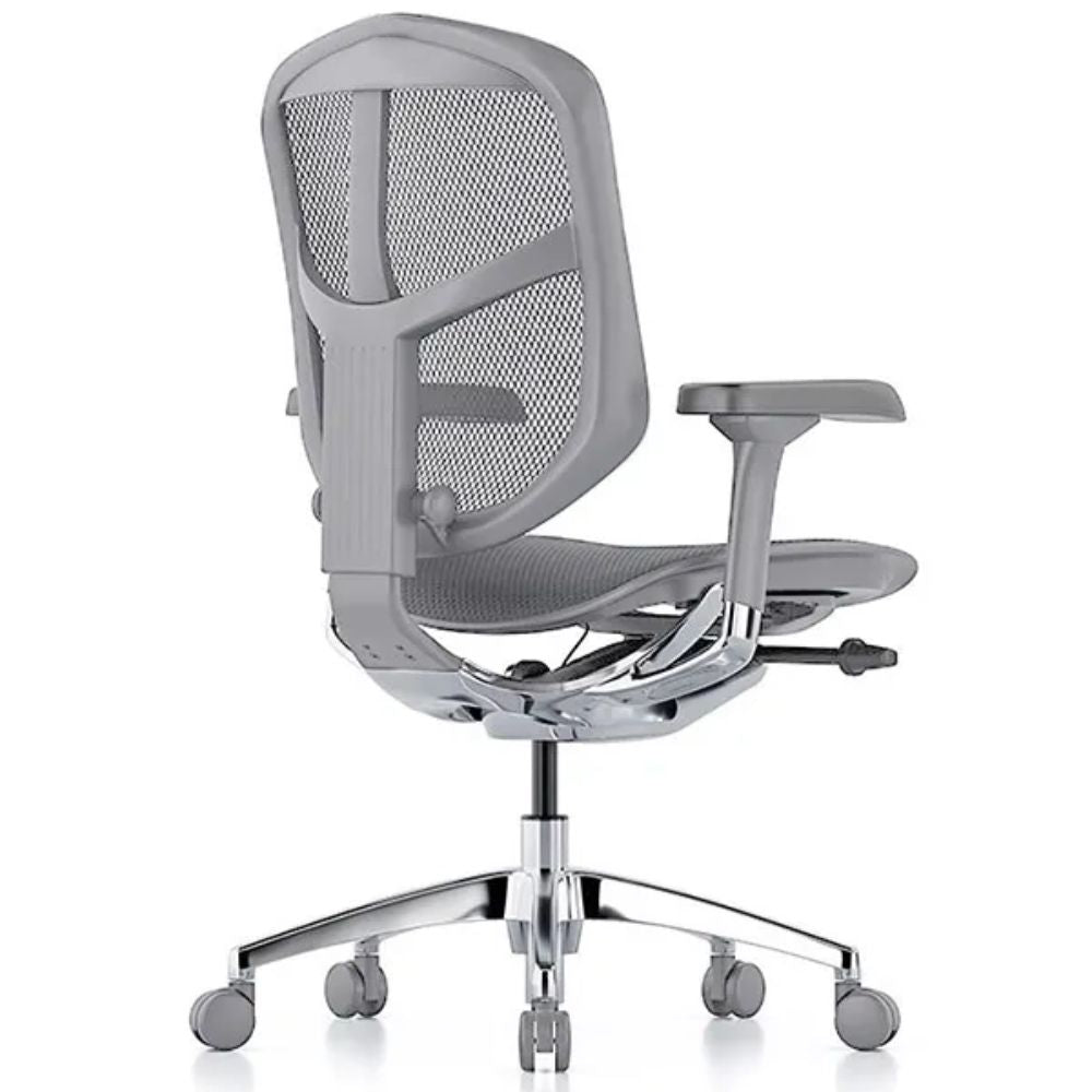 Silla de oficina operativa REQUIEZ ENJOY RM-9101GR gris con respaldo en mesh, soporte lumbar y base de aluminio de 5 puntas.
