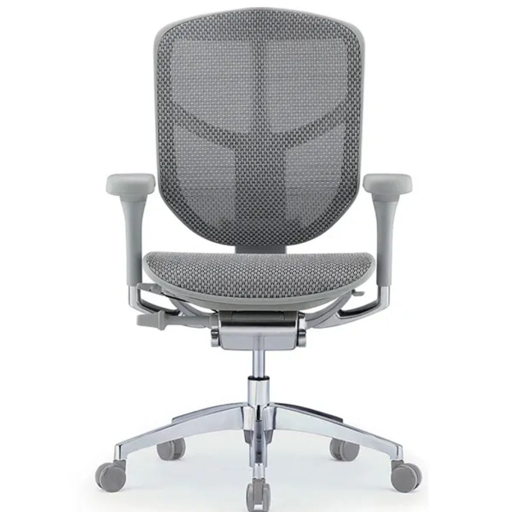 Silla de oficina operativa REQUIEZ ENJOY RM-9101GR gris con respaldo en mesh, soporte lumbar y base de aluminio de 5 puntas.