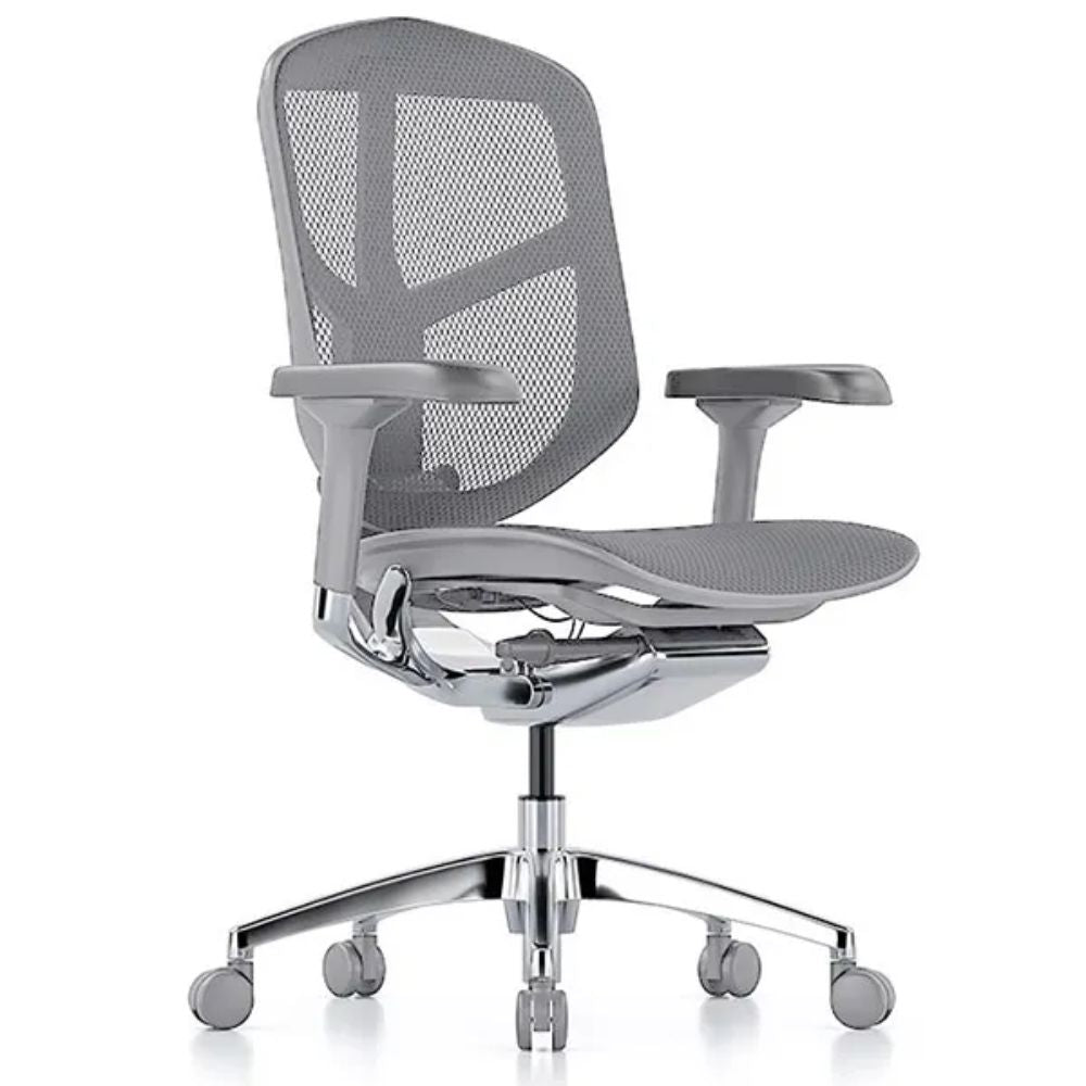 Silla de oficina operativa REQUIEZ ENJOY RM-9101GR gris con respaldo en mesh, soporte lumbar y base de aluminio de 5 puntas.