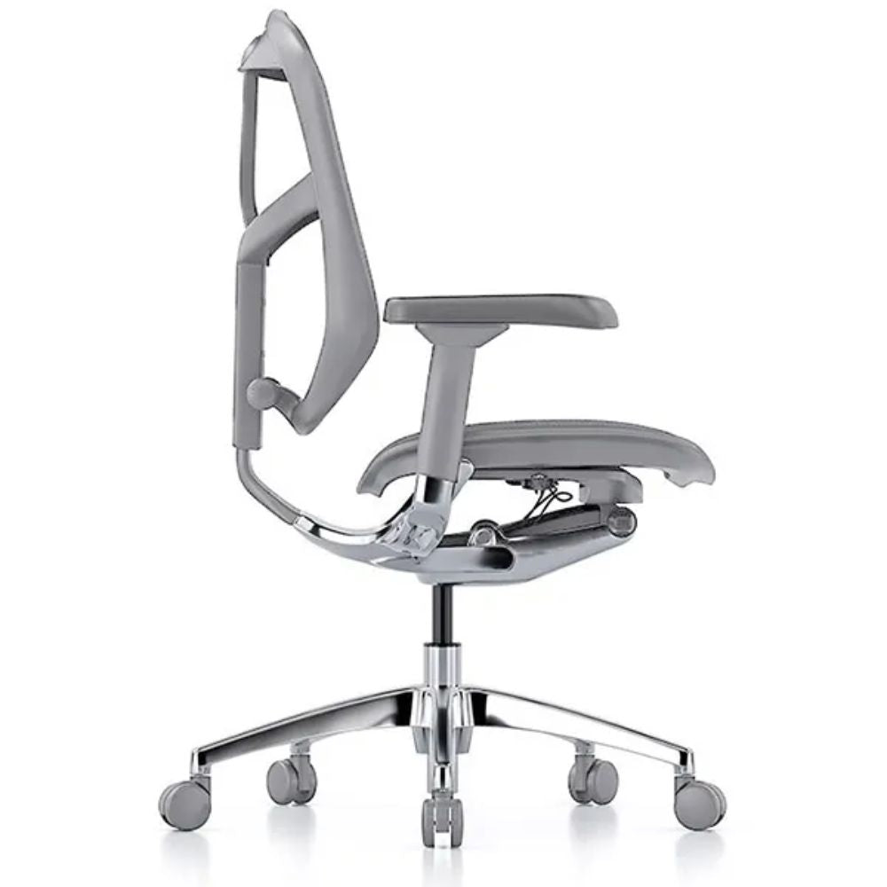 Silla de oficina operativa REQUIEZ ENJOY RM-9101GR gris con respaldo en mesh, soporte lumbar y base de aluminio de 5 puntas.