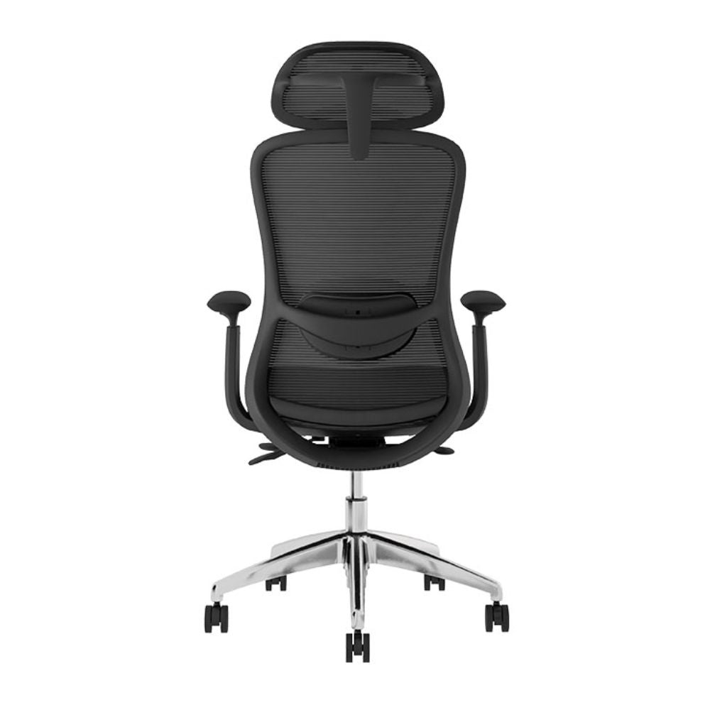 Silla ejecutiva TECHNO ENERGY BLACK respaldo alto negra con soporte lumbar ajustable y base de aluminio.