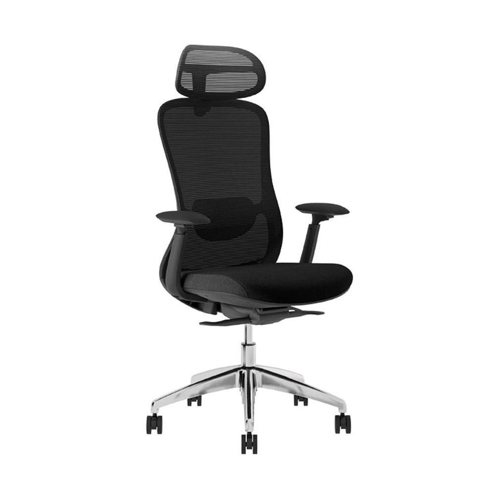 Silla ejecutiva TECHNO ENERGY BLACK respaldo alto negra con soporte lumbar ajustable y base de aluminio.