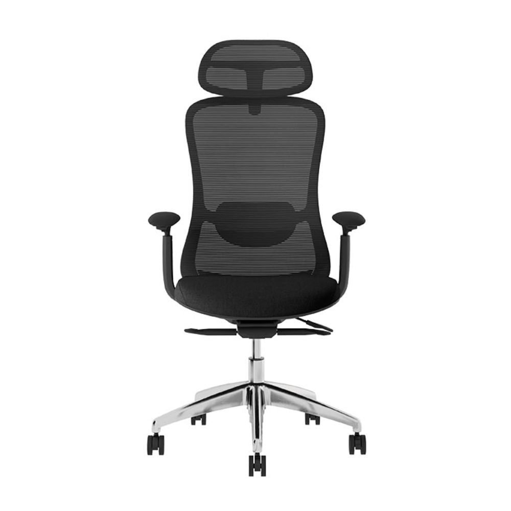 Silla ejecutiva TECHNO ENERGY BLACK respaldo alto negra con soporte lumbar ajustable y base de aluminio.
