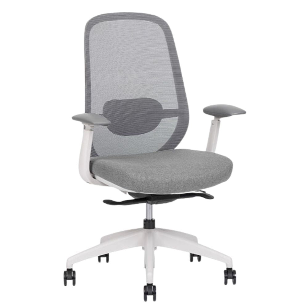 Silla de oficina operativa Techno Spirit Express White con respaldo en malla gris, asiento tapizado y base de nylon