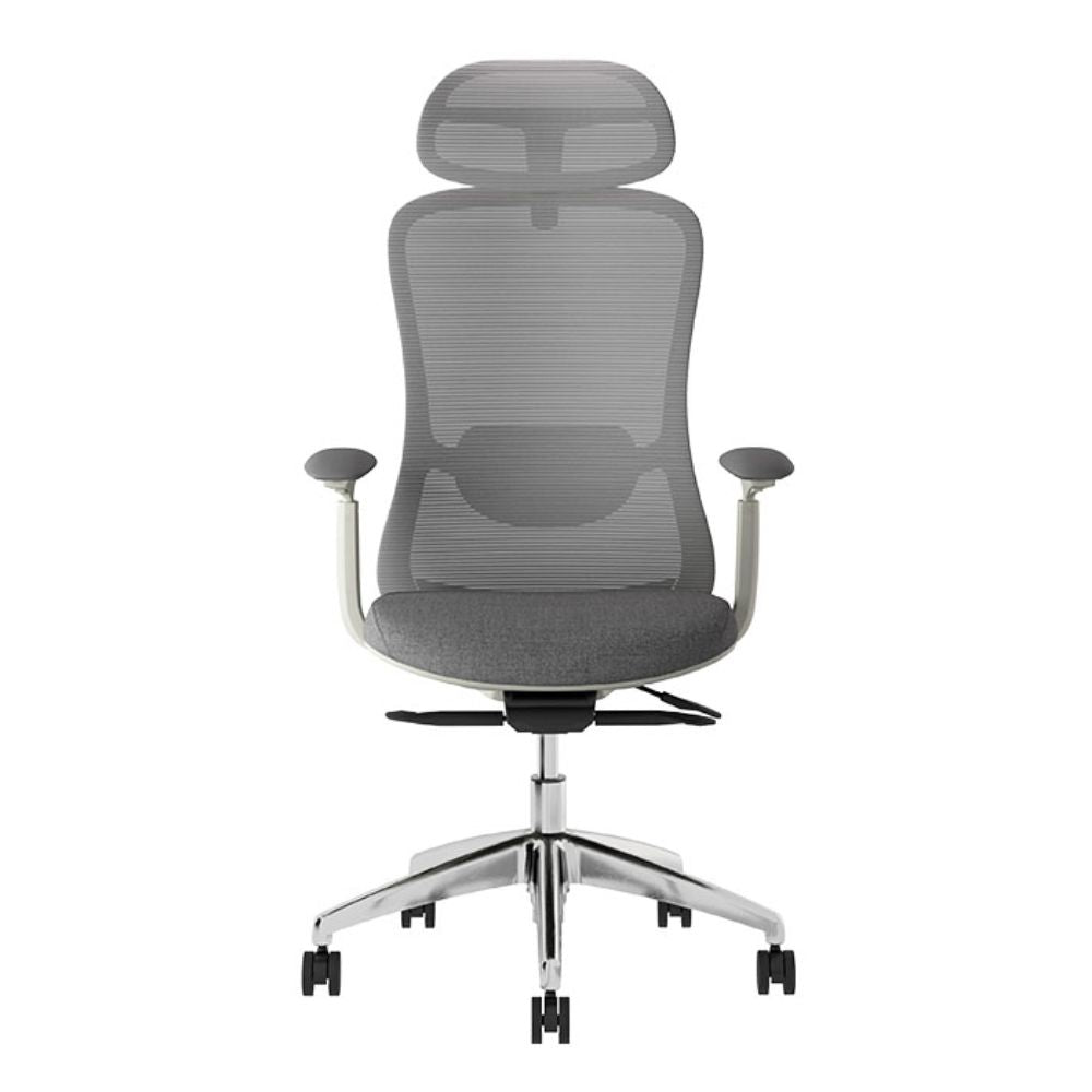 Silla ejecutiva TECHNO ENERGY WHITE respaldo alto blanca con soporte lumbar ajustable y base de aluminio.