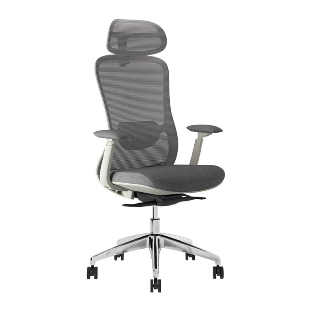 Silla ejecutiva TECHNO ENERGY WHITE respaldo alto blanca con soporte lumbar ajustable y base de aluminio.
