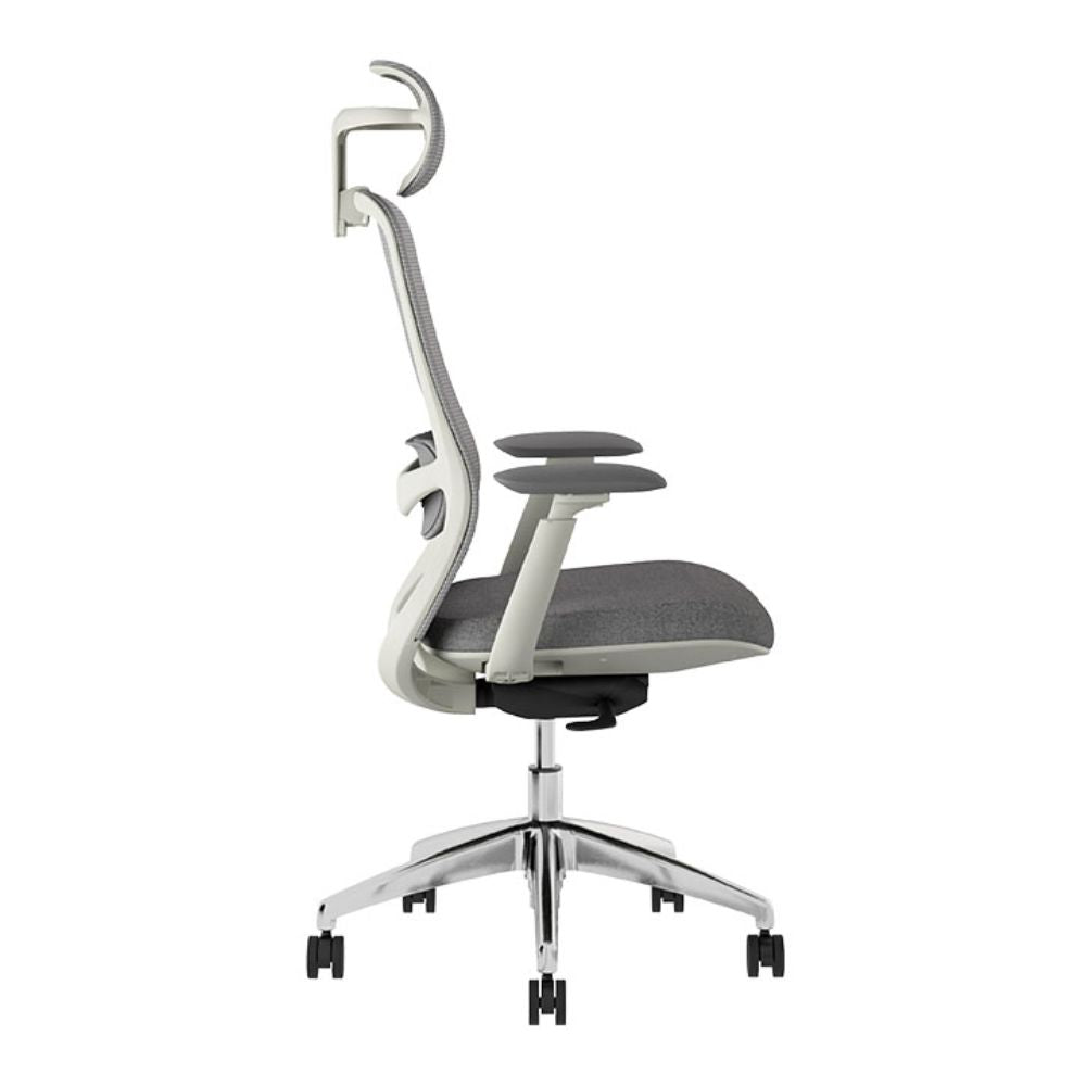 Silla ejecutiva TECHNO ENERGY WHITE respaldo alto blanca con soporte lumbar ajustable y base de aluminio.
