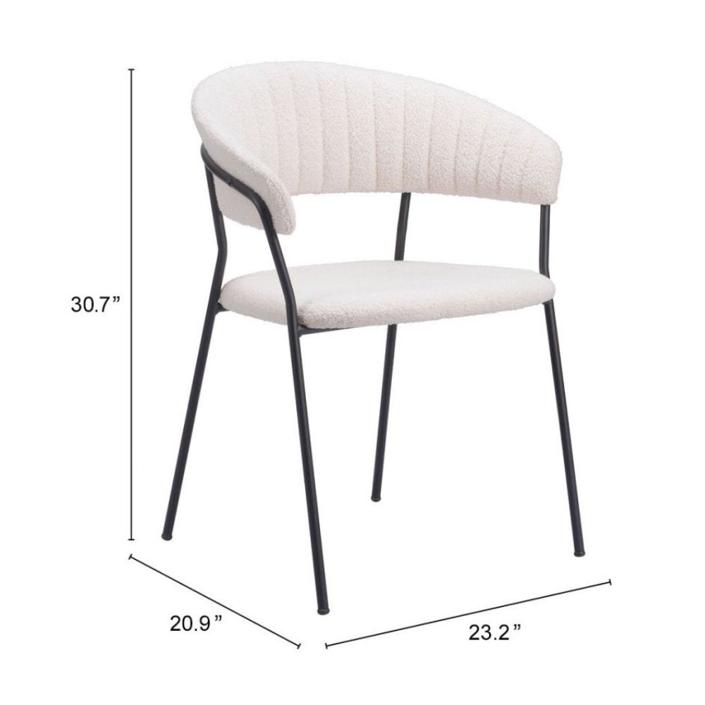 Silla Zuo Josephine blanca con asiento y respaldo envueltos en tela estilo piel de oveja y marco fino de acero