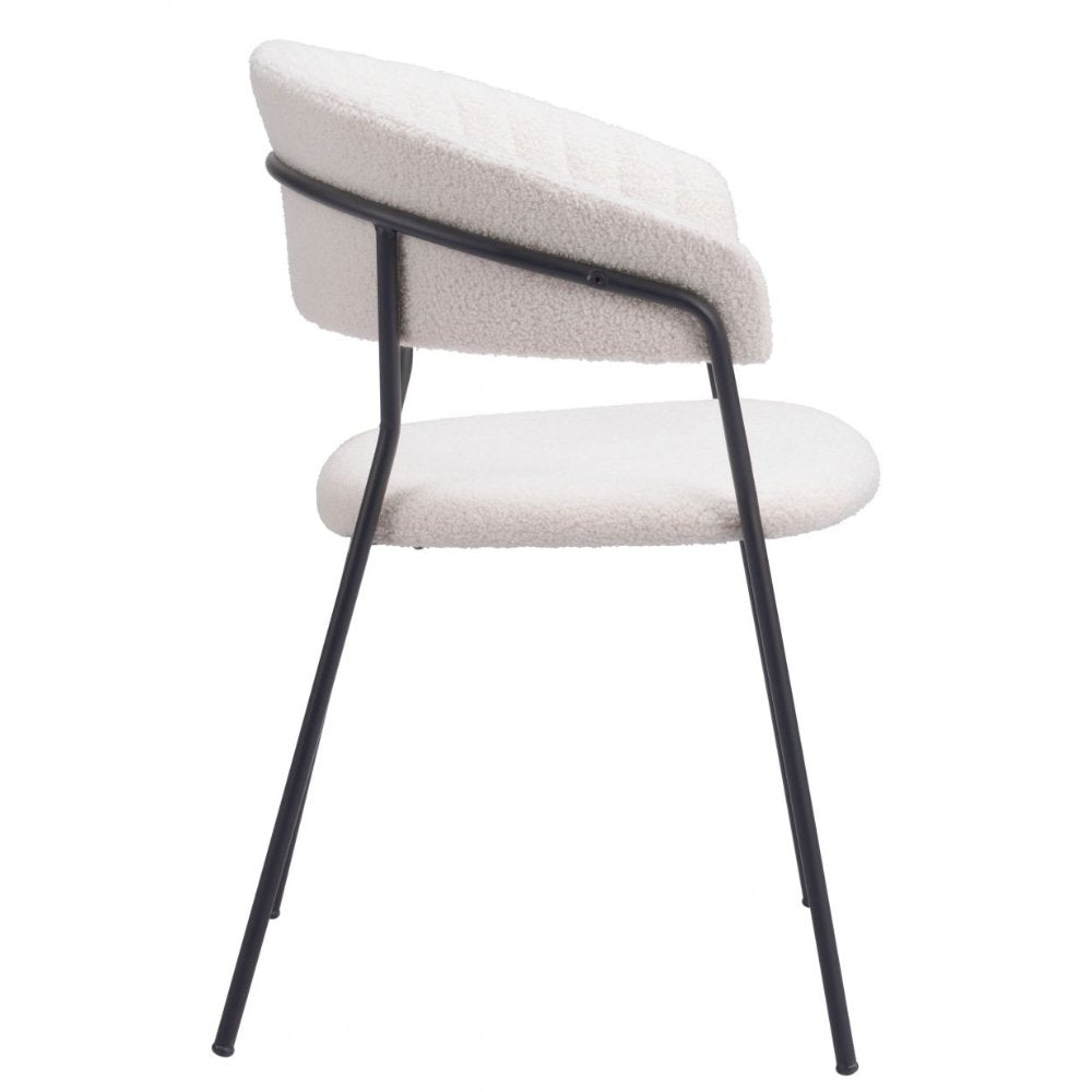 Silla Zuo Josephine blanca con asiento y respaldo envueltos en tela estilo piel de oveja y marco fino de acero