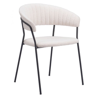 Silla Zuo Josephine blanca con asiento y respaldo envueltos en tela estilo piel de oveja y marco fino de acero