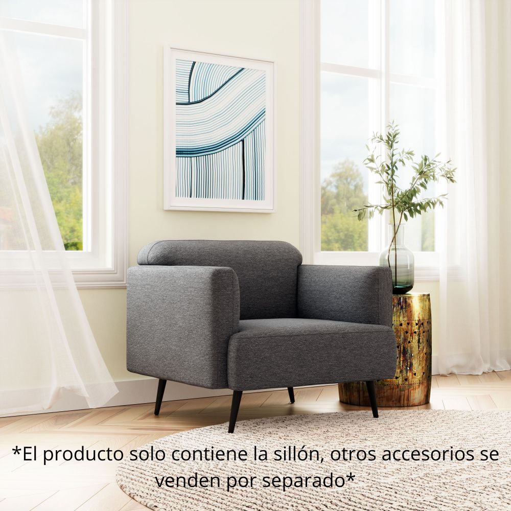 SILLÓN NOGAL BEAT AMSTERDAM | Sillón Decorativo para Sala de Estar | 79 cm | Base Contrachapado Madera Pino Negro | Gris Pizarra | Tejido 100% Poliéster | Interior - 109571 - Zuo - NOGAL BEAT - Sillon