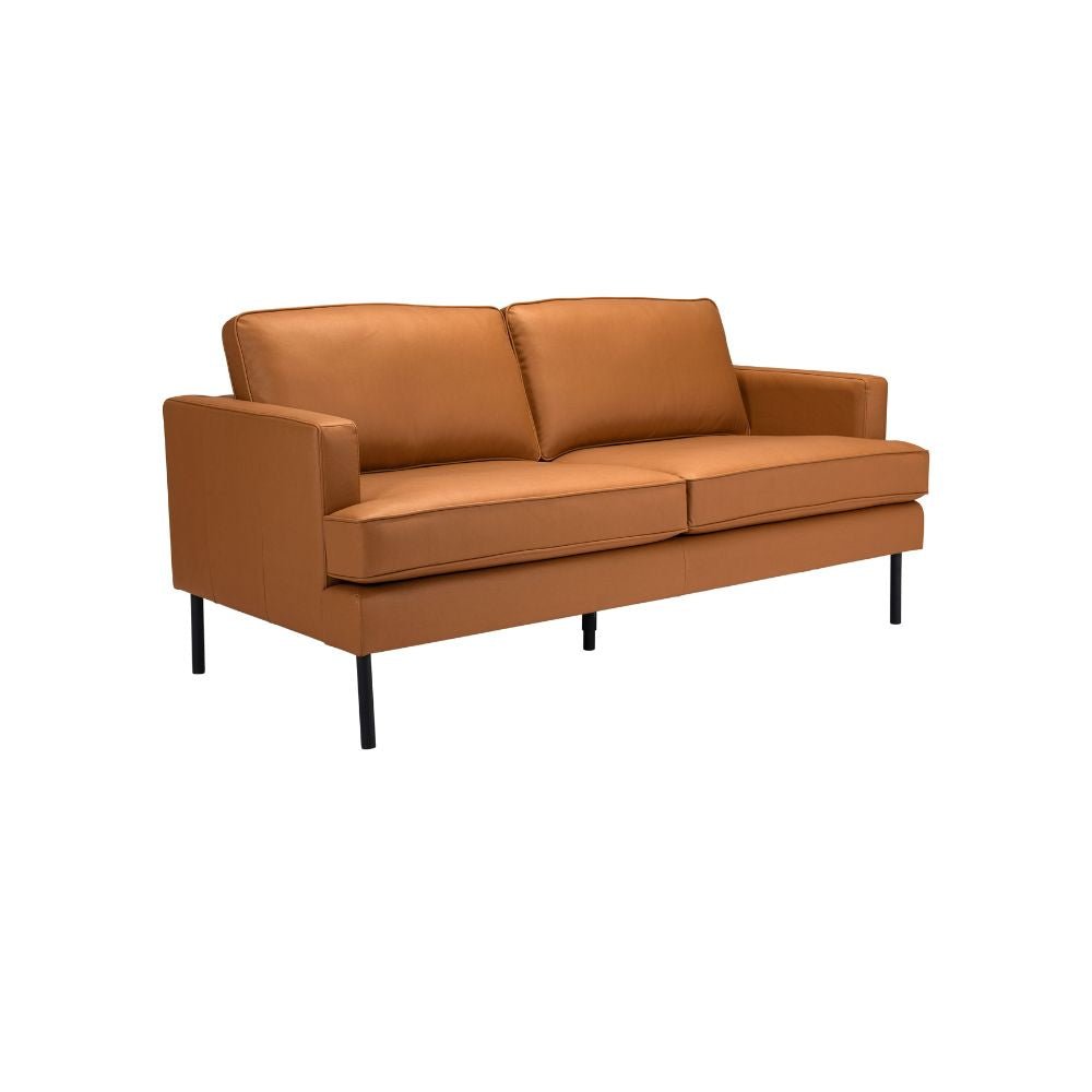Sillón 2 plazas ZUO DECADE marrón, asiento y respaldo tapizados en cuero sintético sobre base de acero.
