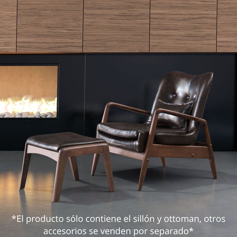 SILLÓN Y OTTOMAN NOGAL BEAT BULLY | Sillón y Ottoman Ocasional | Base Madera de Caucho Nuez | Nogal Márrón | Piel Sintética 100 % Poliuretano | Interior - 100535 - Zuo - NOGAL BEAT -