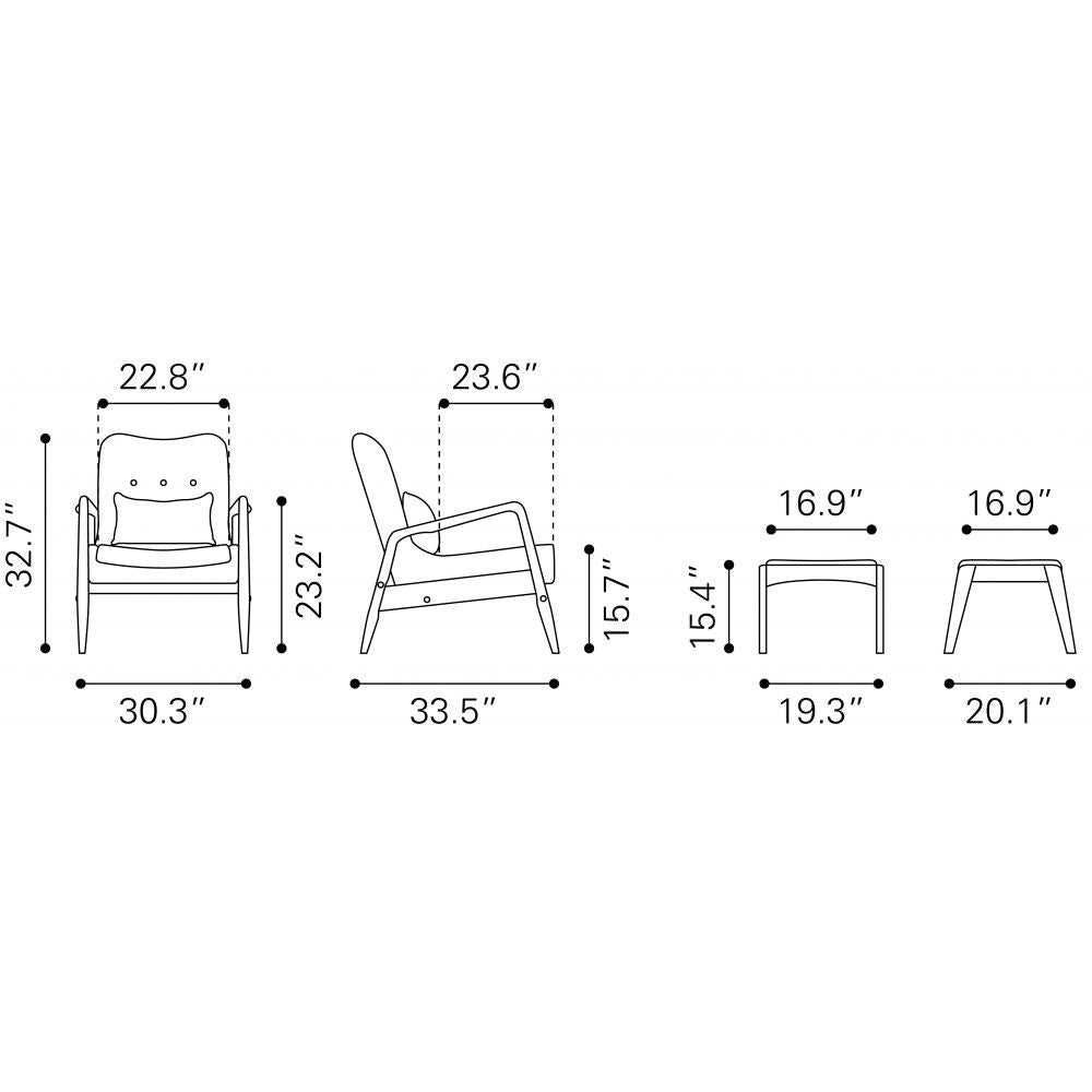 SILLÓN Y OTTOMAN NOGAL BEAT BULLY | Sillón y Ottoman Ocasional | Base Madera de Caucho Nuez | Nogal Negro | Piel Sintética 100 % Poliuretano | Interior - 100534 - Zuo - NOGAL BEAT - Sillon