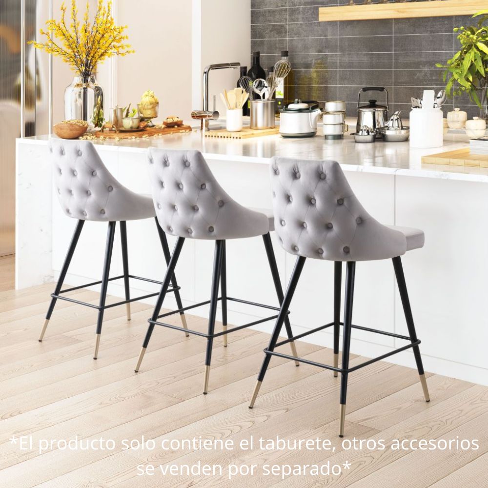 TABURETE NOGAL BEAT PICCOLO | Taburete para Barra | 93 cm | Base Acero Negro Oro | Gris | Terciopelo 100% Poliéster Madera Contrachapada | Interior - 101093 - Zuo - NOGAL BEAT - Taburete