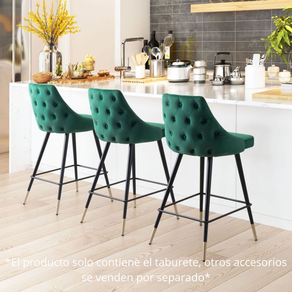 TABURETE NOGAL BEAT PICCOLO | Taburete para Barra | 93 cm | Base Acero Negro Oro | Verde | Terciopelo 100% Poliéster Madera Contrachapada | Interior - 101094 - Zuo - NOGAL BEAT - Taburete