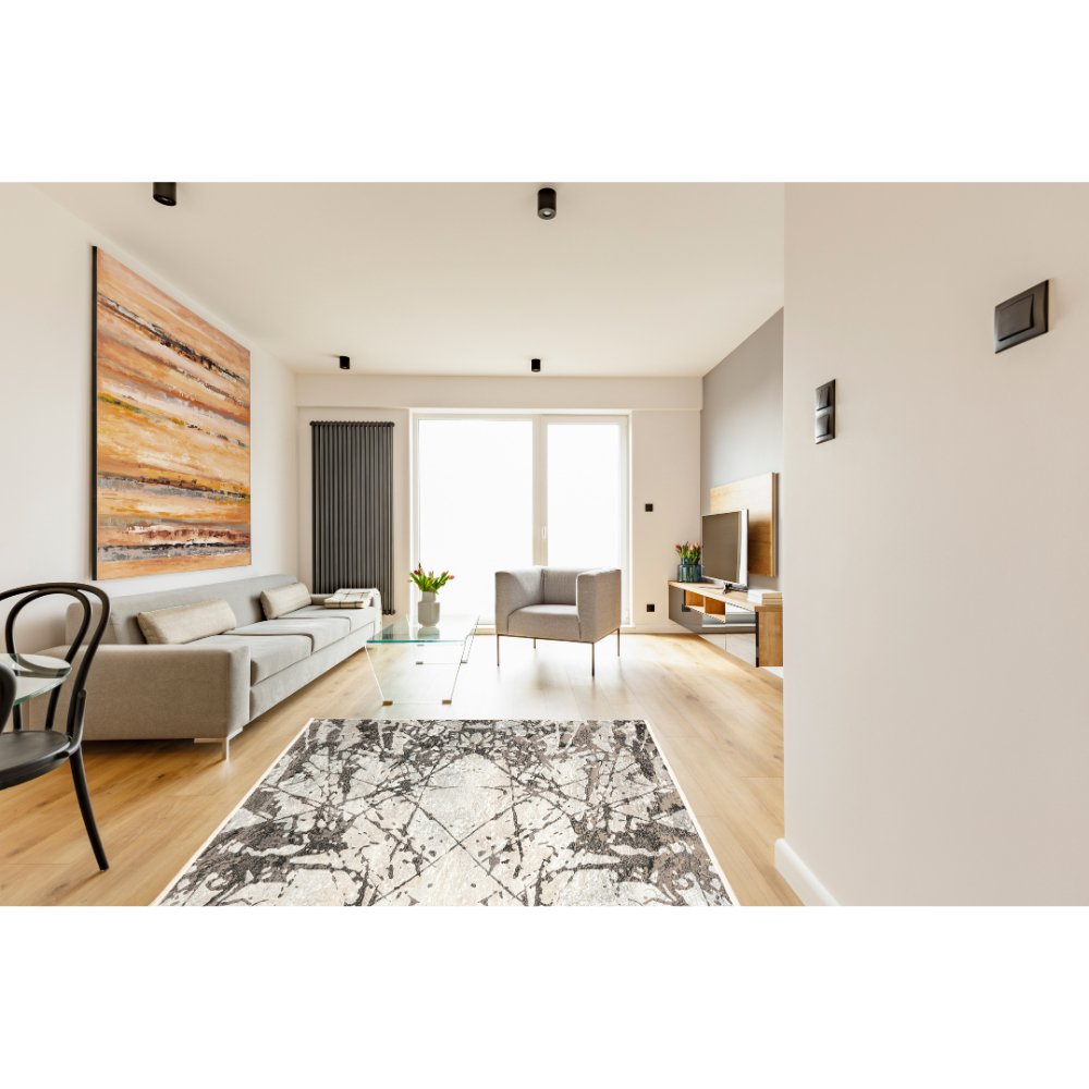 Tapete decorativo Amalfi T2290 rectangular en tonos crema, gris y oro