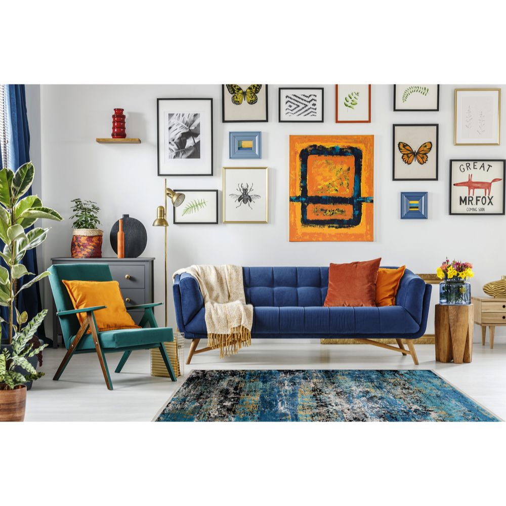 Tapete decorativo colección Civita T2267 rectangular en tonos turquesa, gris y oro