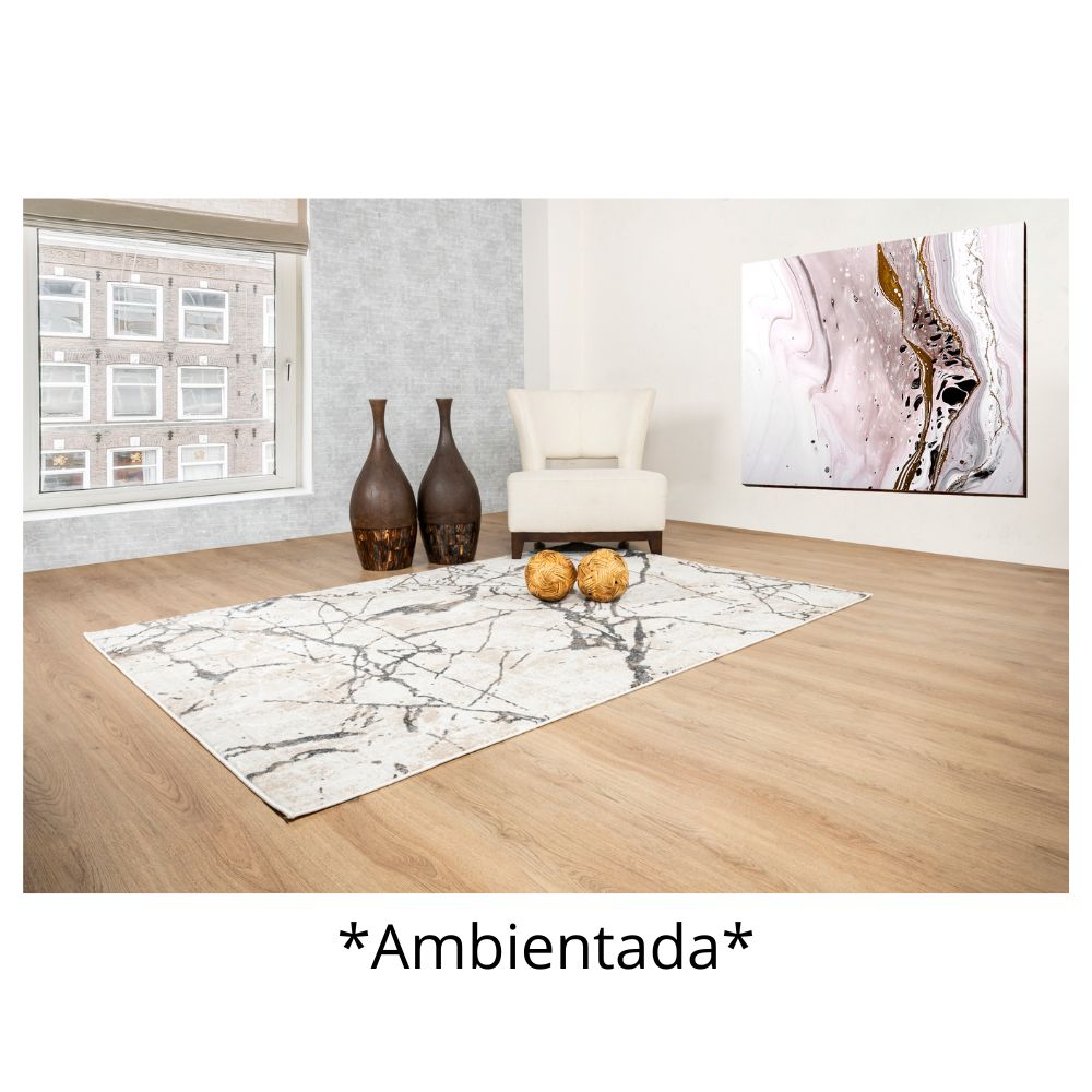 Tapete decorativo colección Dalia T2328 rectangular en poliéster y polipropileno color gris crema