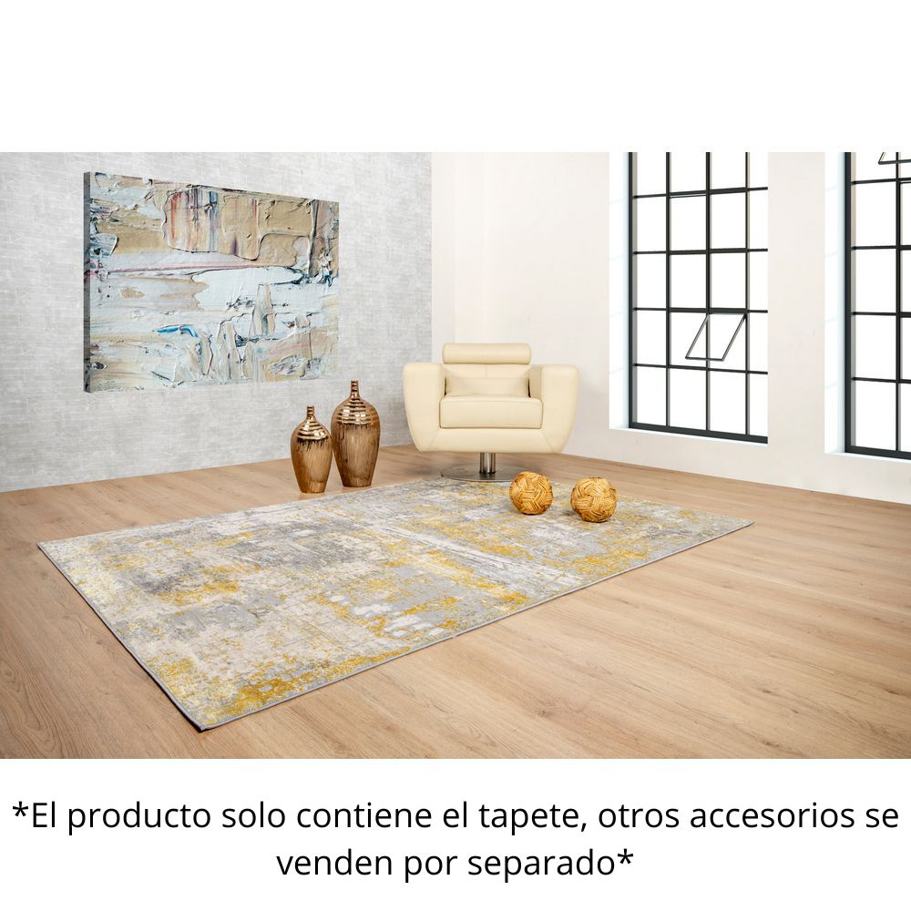 Tapete decorativo Deniz U7010 rectangular de poliéster en oro, crema y gris