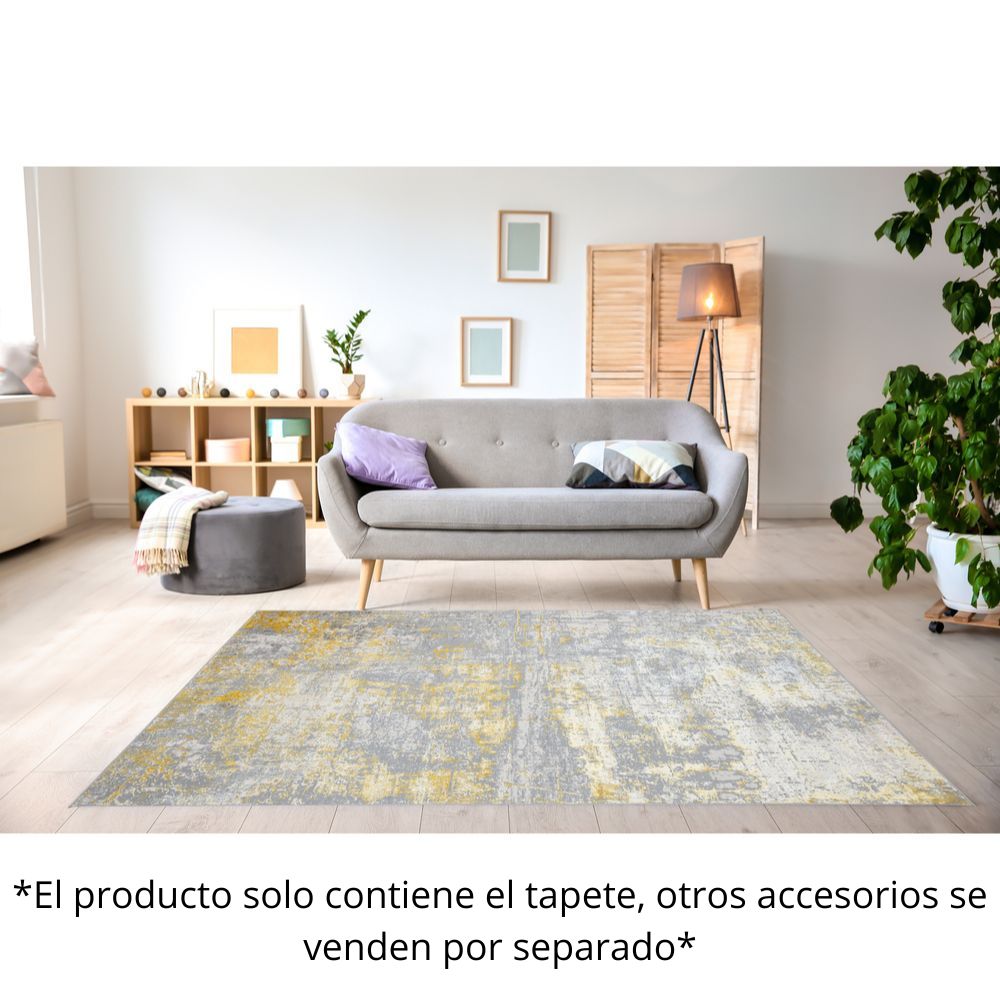 Tapete decorativo Deniz U7010 rectangular de poliéster en oro, crema y gris