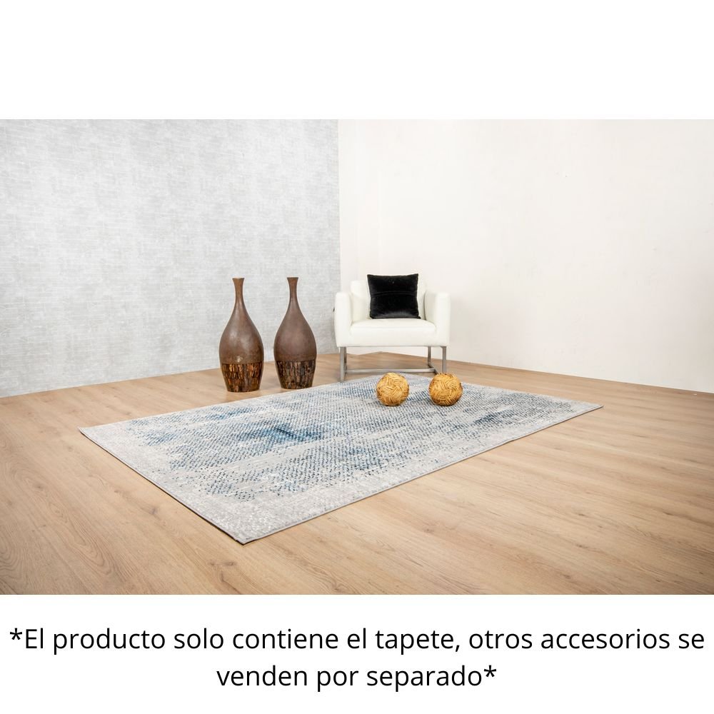 Tapete decorativo colección Deniz U7014 rectangular de poliéster pelo corto en tonos gris, crema y azul