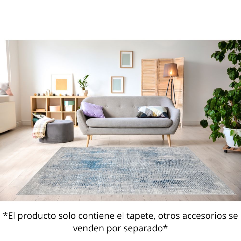 Tapete decorativo colección Deniz U7014 rectangular de poliéster pelo corto en tonos gris, crema y azul