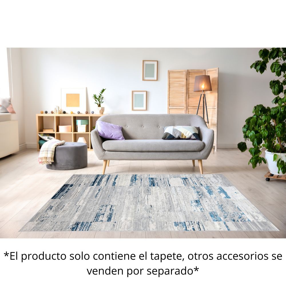 Tapete decorativo colección Deniz U7015 rectangular de poliéster en tonos gris, crema y azul