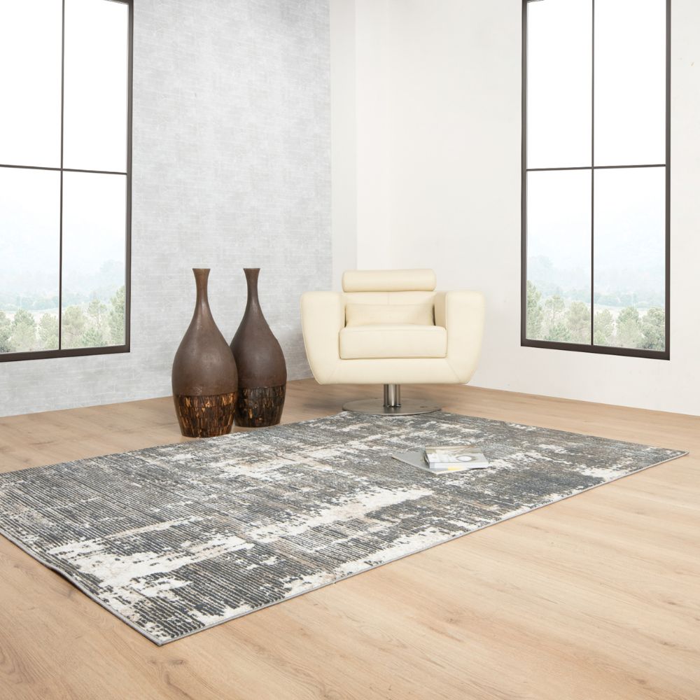 Tapete decorativo colección Jasmine rectangular en poliéster gris con negro de pelo corto